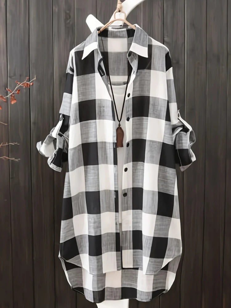 Plus Size Women's Blouses 2025 New Loose Vintage Stripe Plaid Shirt Lightweight Long Sleeve Travel Wear Elegant Top Korean Style