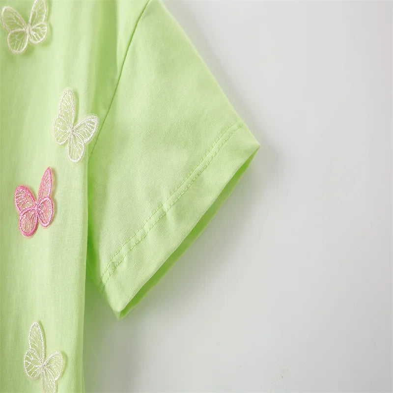 Jumping Meters 3-8T Animals Summer Girls Tshirts Butterflies Applique Short Sleeve Baby Clothes Embroidery Children's Tees