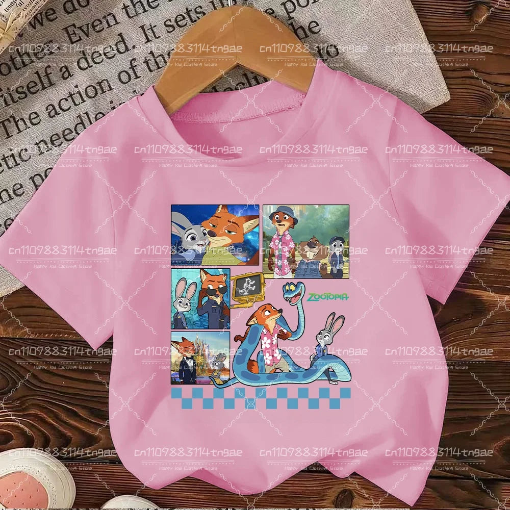 2026 Summer Children Girl Boy Cotton Clothes  Zootopia Cartoon Prints T-shirts Fashion Kid Baby Short Sleeve Crew Neck Top
