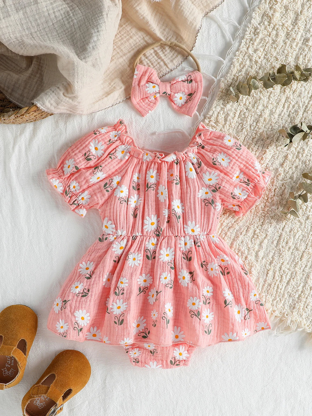2Pcs Summer Newborn Soft  Cotton Pink Baby Girls Rompers Dress Daisy Print Short Sleeve Jumpsuits Clothes Bodysuits +Headband