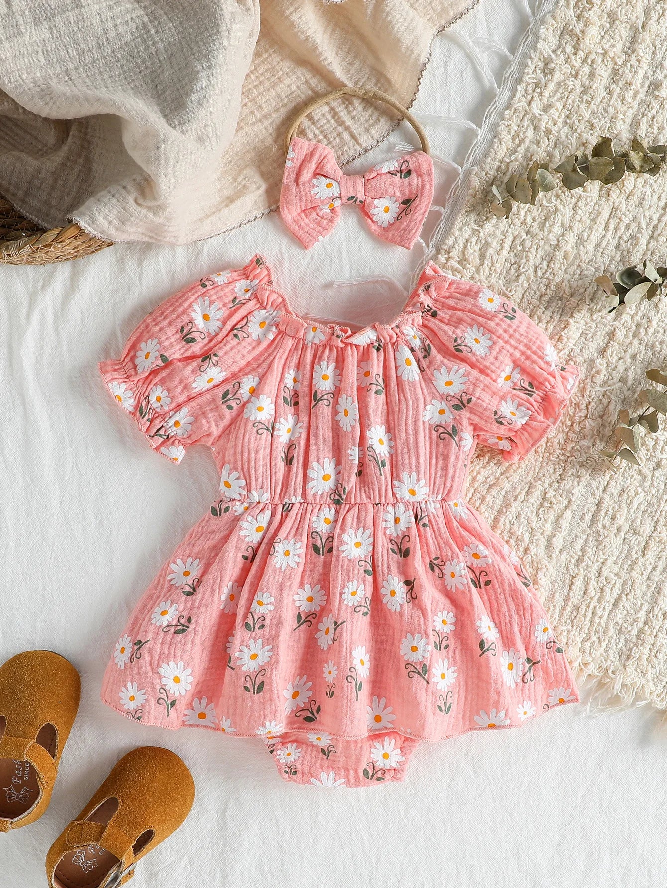 2Pcs Summer Newborn Soft  Cotton Pink Baby Girls Rompers Dress Daisy Print Short Sleeve Jumpsuits Clothes Bodysuits +Headband