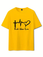 Men's Summer 100% Cotton Fashionable Casual Loose Large Size FAITH HOPE LOVE Printed Sports Round Neck Short Sleeve T-shirt Top
