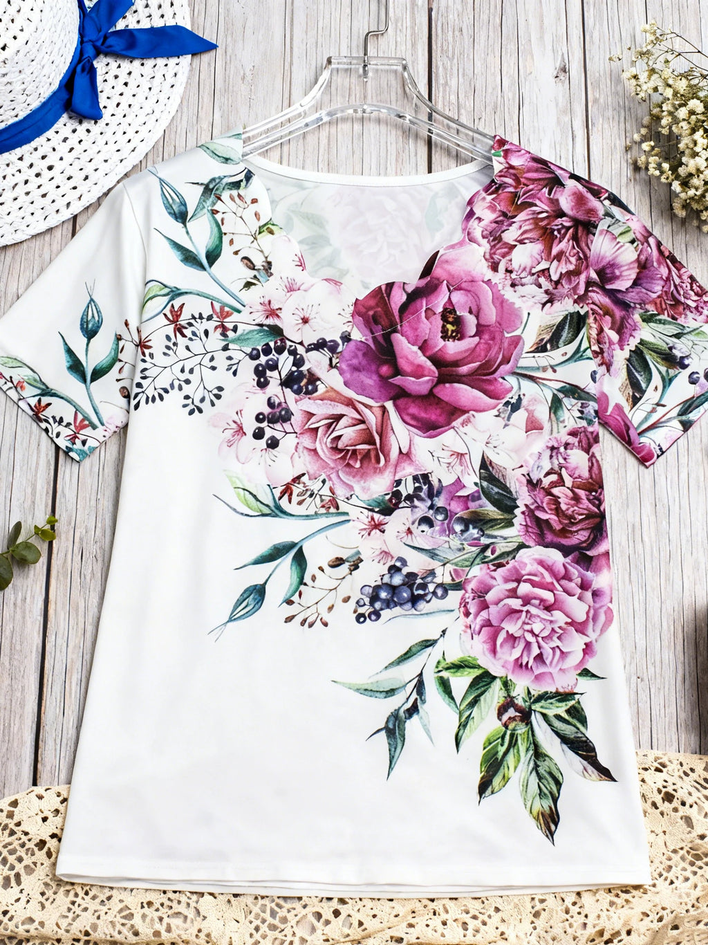 Spring Summer Plus Size Floral Print Wave V-Neck Short Sleeve T-Shirt for Women