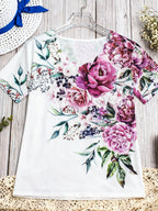 Spring Summer Plus Size Floral Print Wave V-Neck Short Sleeve T-Shirt for Women