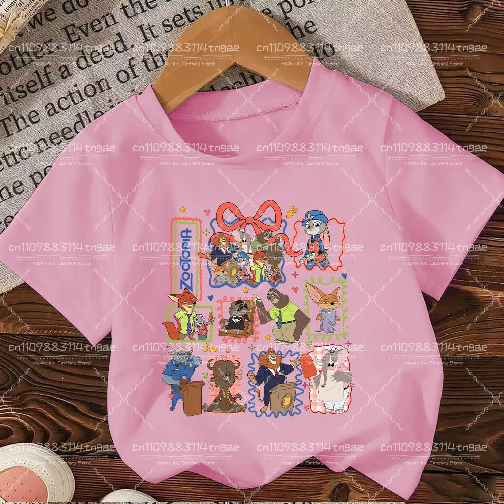 2026 Summer Children Girl Boy Cotton Clothes  Zootopia Cartoon Prints T-shirts Fashion Kid Baby Short Sleeve Crew Neck Top