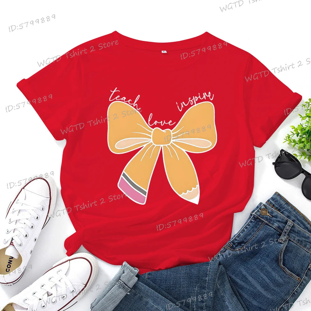 Women's Inspirational Teacher Graphic T Shirt Pencil Bow Design Short Sleeve Tee Gifts for Teacher's Day Crew Neck Classic Tops