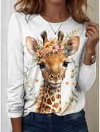 Women's T-Shirts Graphic Animal Giraffe  Tees Fashion Stylish Long Sleeve T-shirts O-Neck Regular Tops Summer Casual Pullover