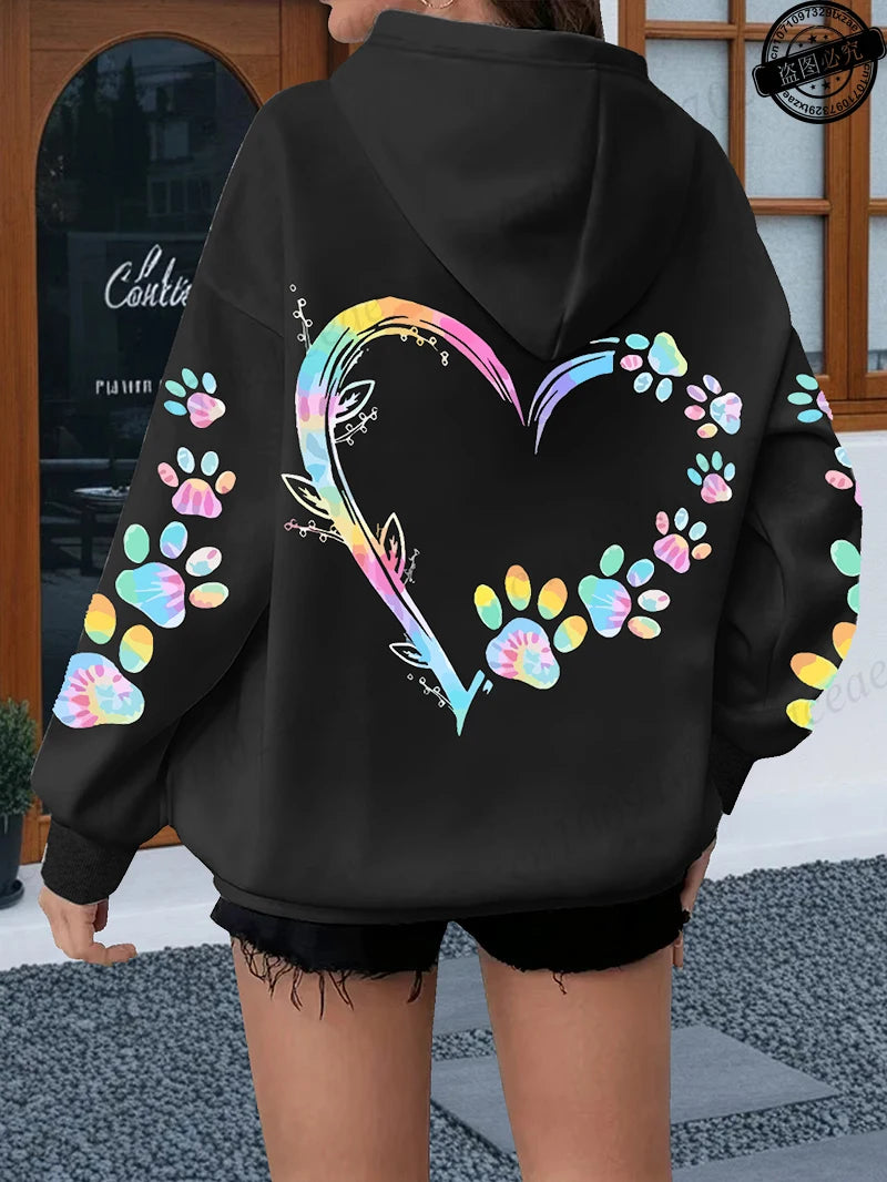 Heart Dog Paw Printed Hoodies Women Casual Fashion All Match Hoody Fleece Warm New Pullovers Harajuku Trend Hooded Sweatshirts