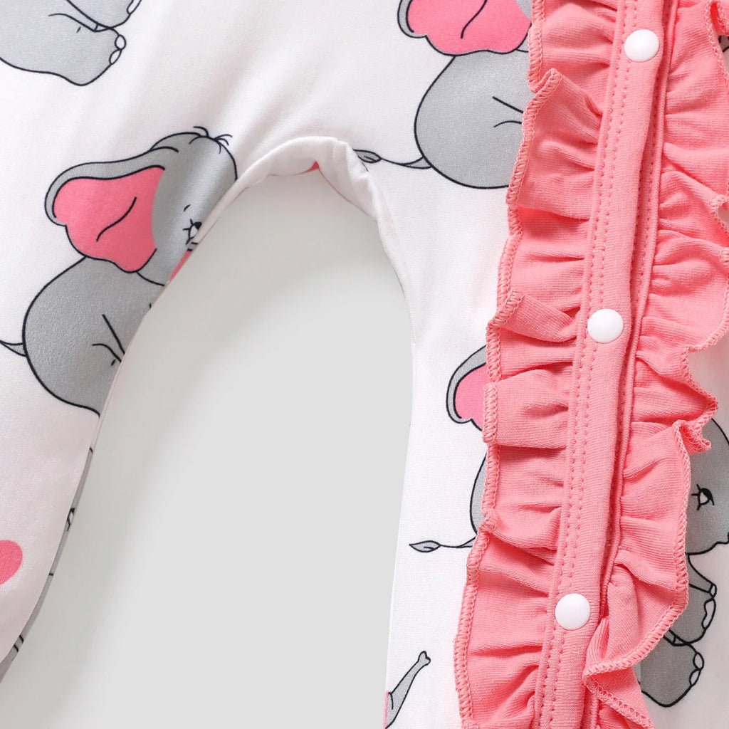 PatPat 2pcs All Over Cartoon Koala Print White Long-sleeve Ruffle Snap-up Baby Jumpsuit Set Soft and Comfortable