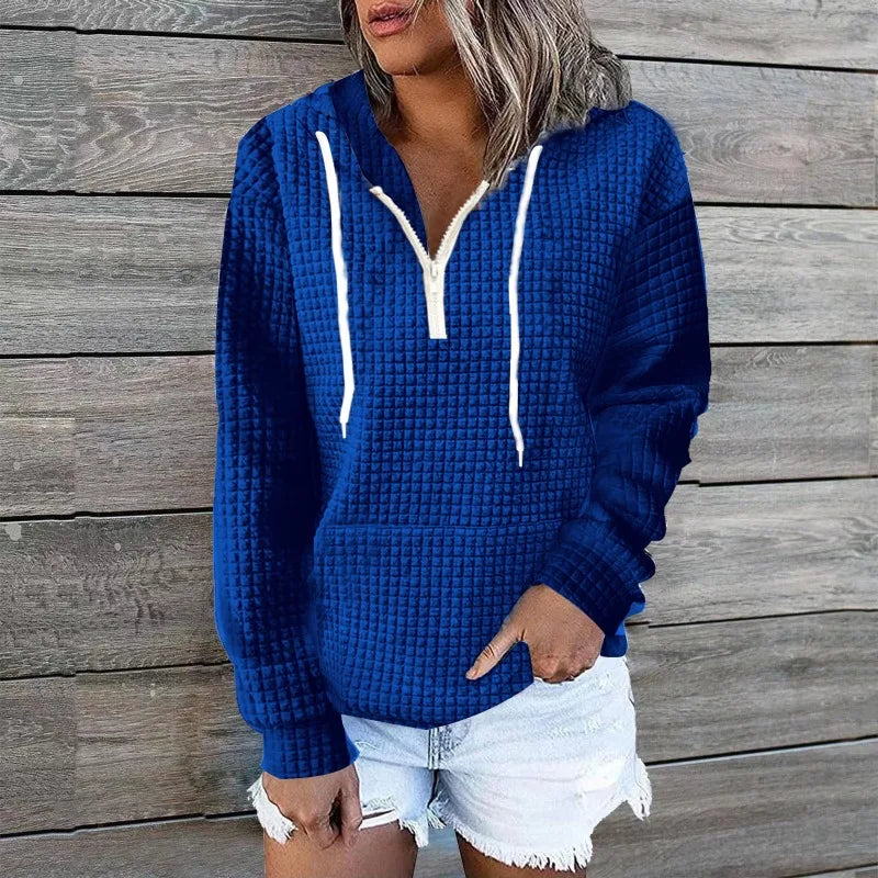 Plus size women's clothing hoodies casual home wear women's zipper hooded pockets solid color waffle grid long sleeved hoodies