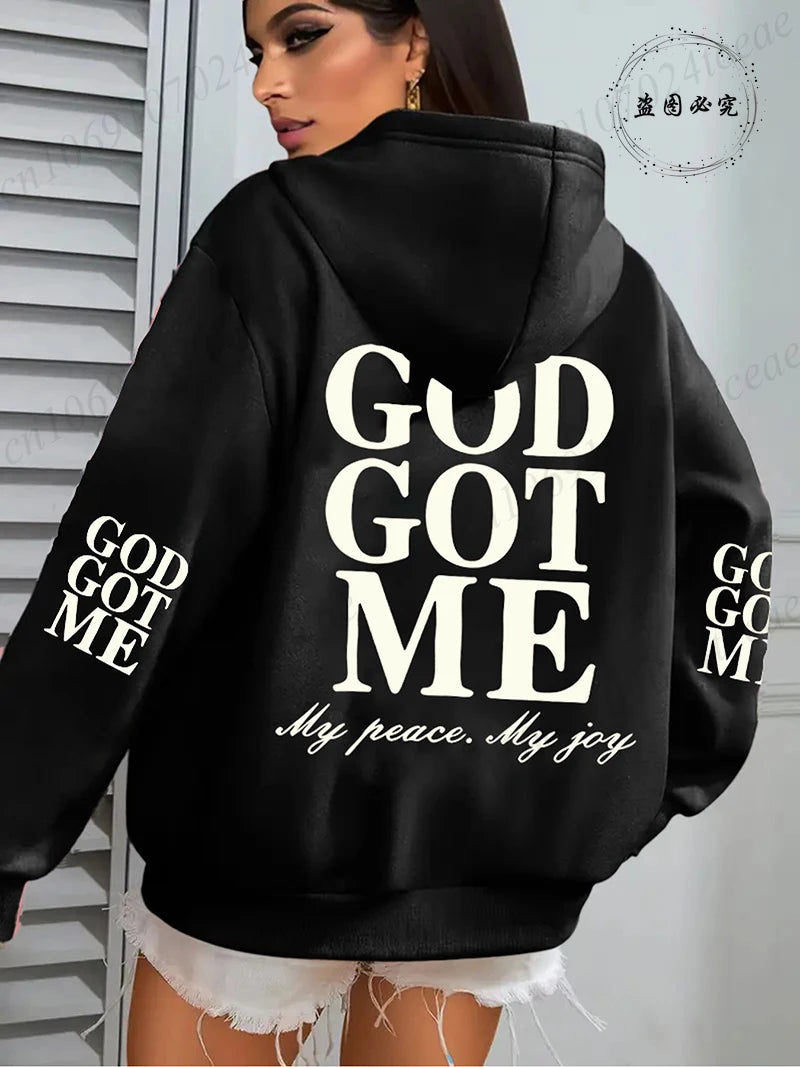New Hoodies God Got Me Print Pullover Fashion Women Oversized Hoodie Long Sleeve Casual Hooded Sweatshirt Christian Design Hoody