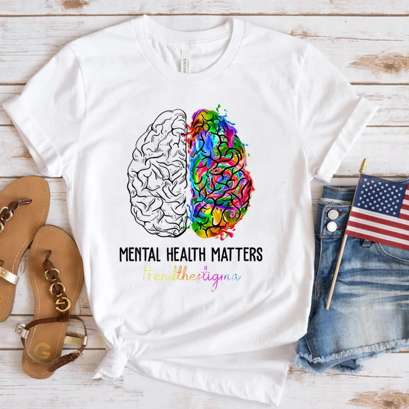 Fashion Women T Shirts Mental Health Awareness Mental Health Matters Print Funny Short Sleeve T-Shirt Lady Casual Summer Shirt