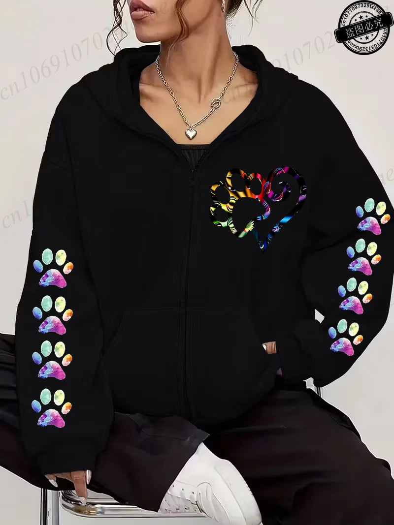 Women Zip Up Hoodies Watercolor Paw Printed Zipper Jackets Coats Autumn Winter Hoody Sweatshirt Fashion Casual Zip Up Hoodie Top