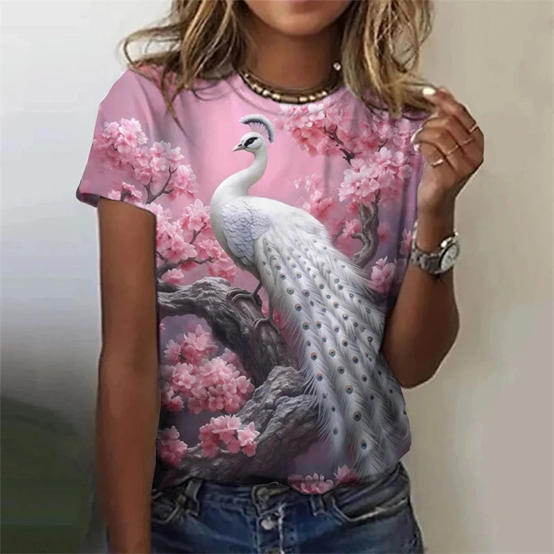 Fashion Women's T-shirt With Cute Peacock Graphic 3D Printed Short Sleeve Summer T-shirts Oversized Loose Women's Clothing