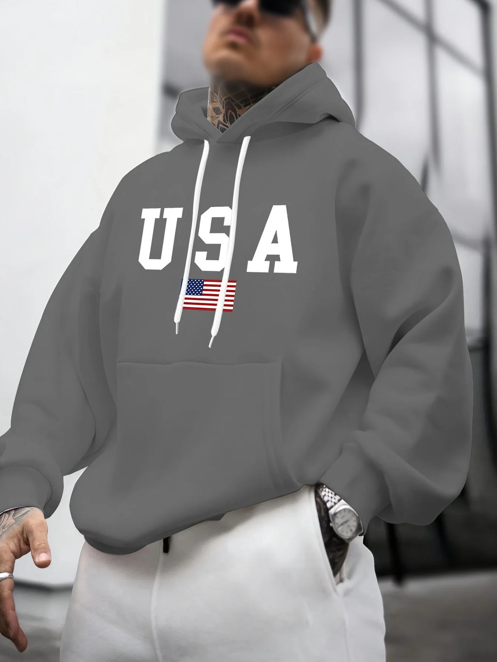 Men's autumn and winter casual fashion loose American flag graphic print long sleeved hooded sweatshirt warm pullover