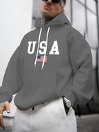 Men's autumn and winter casual fashion loose American flag graphic print long sleeved hooded sweatshirt warm pullover