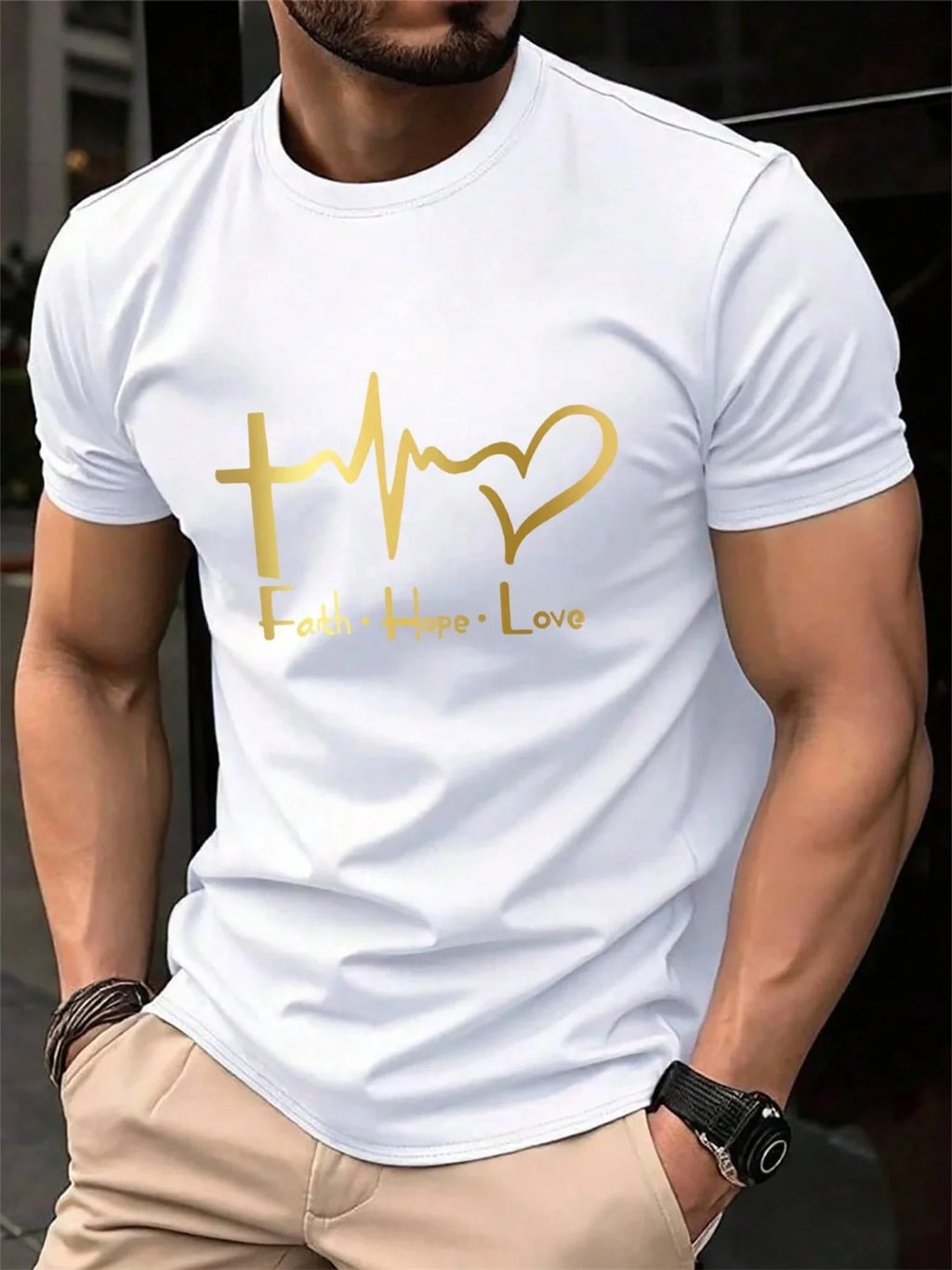 Men's Summer 100% Cotton Fashionable Casual Loose Large Size FAITH HOPE LOVE Printed Sports Round Neck Short Sleeve T-shirt Top