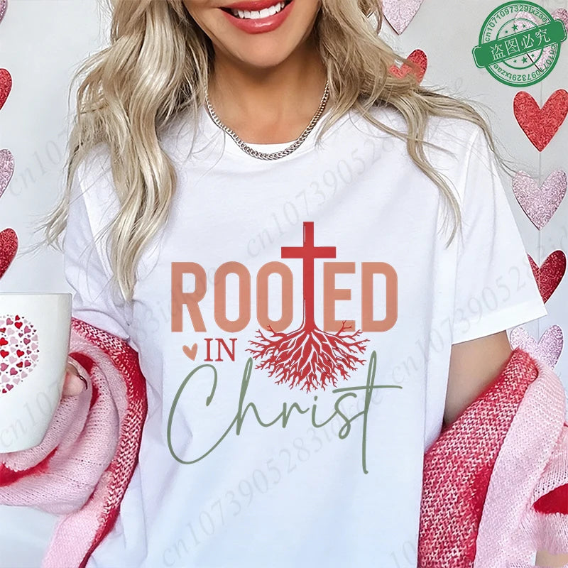 Rooted in Christ T-Shirt Women Vintage Tree Faith Root Graphic Tops Casual Christian Religious Short Sleeve Tee Female Clothing