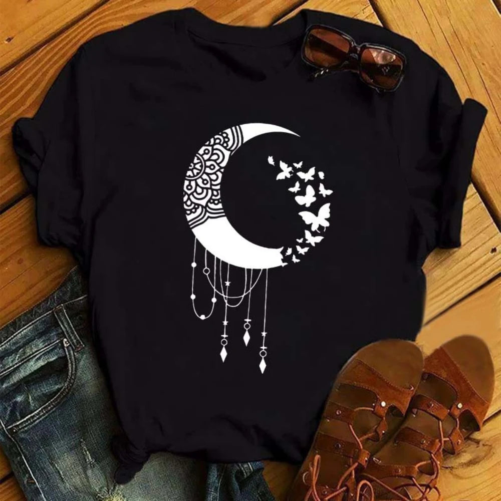 Gold and White Sun Moon Stars Print Women T Shirt Short Sleeve Women Tshirt Durable Plus-size Casual T-shirt Daily Streetwear