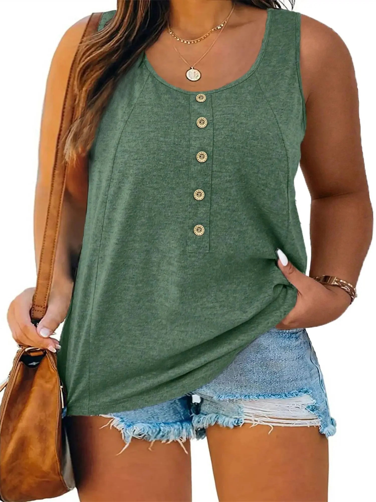 Plus Size 2024 New Colored Cotton Casual U-neck Sleeveless Tank Top Solid Button Tank Top