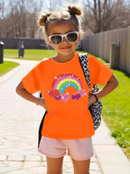 2026 Summer Fashion Girls' Pure Cotton Round Neck Short Sleeve Rainbow Heart Print T-Shirt Casual Versatile Top Trendy Clothing