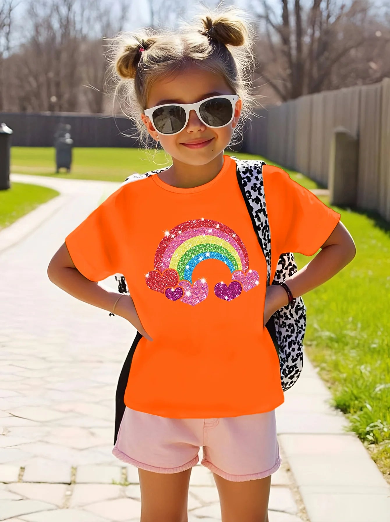 2026 Summer Fashion Girls' Pure Cotton Round Neck Short Sleeve Rainbow Heart Print T-Shirt Casual Versatile Top Trendy Clothing