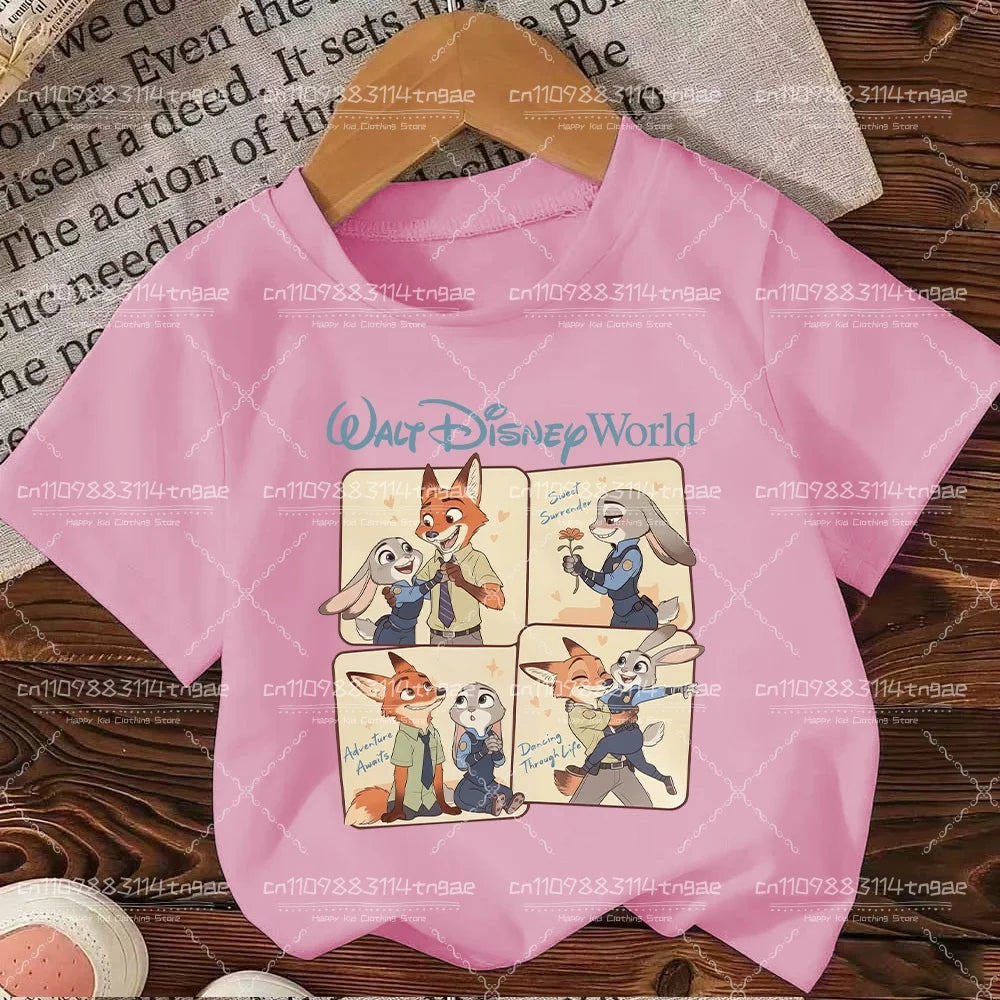 2026 Summer Children Girl Boy Cotton Clothes  Zootopia Cartoon Prints T-shirts Fashion Kid Baby Short Sleeve Crew Neck Top