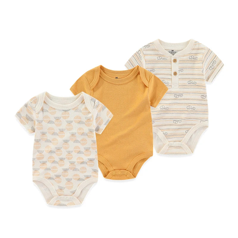 Unisex Cotton Newborn Baby Boy Clothes 3Pieces Summer 0-12M Cartoon Baby Girl Clothes Print Bodysuits Short Sleeve Bebes
