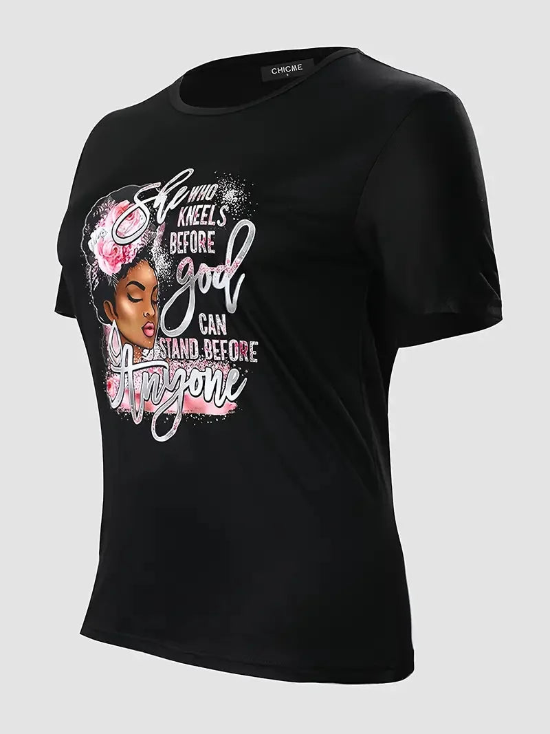 Plus Size Plus Size Graphic Print Round Neck T-shirt, Women's Plus Slight Stretch Casual Tee