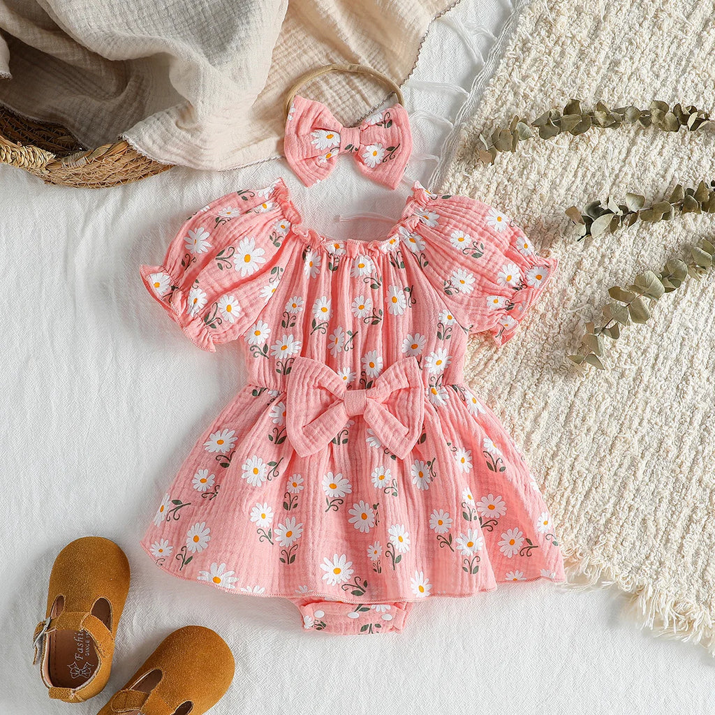 2Pcs Summer Newborn Soft  Cotton Pink Baby Girls Rompers Dress Daisy Print Short Sleeve Jumpsuits Clothes Bodysuits +Headband