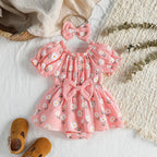 2Pcs Summer Newborn Soft  Cotton Pink Baby Girls Rompers Dress Daisy Print Short Sleeve Jumpsuits Clothes Bodysuits +Headband