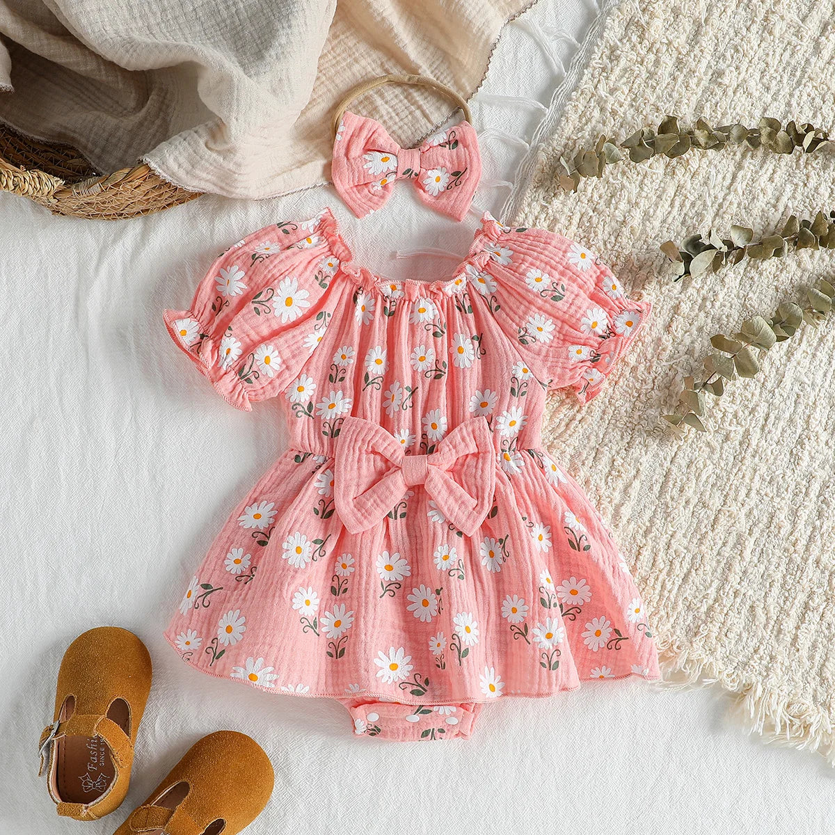 2Pcs Summer Newborn Soft  Cotton Pink Baby Girls Rompers Dress Daisy Print Short Sleeve Jumpsuits Clothes Bodysuits +Headband