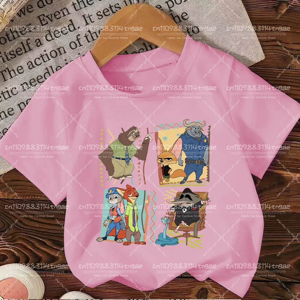 2026 Summer Children Girl Boy Cotton Clothes  Zootopia Cartoon Prints T-shirts Fashion Kid Baby Short Sleeve Crew Neck Top