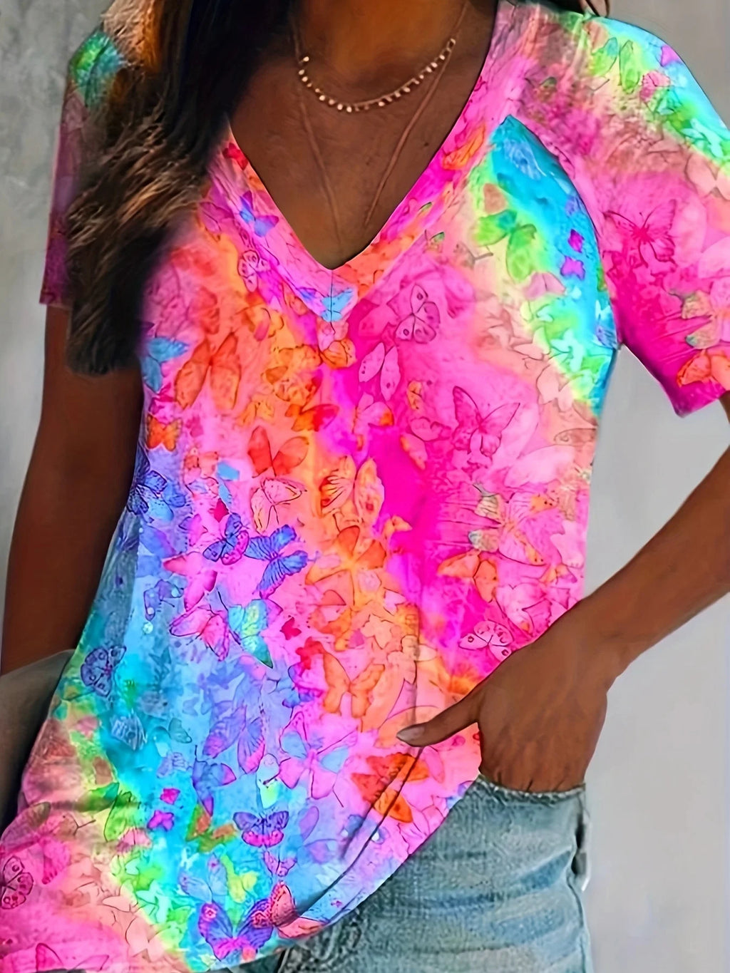 Summer Women Plus Size Colorful Butterfly Printed T-shirt Spring and Summer Casual Women T-shirt Quick Drying and Breathable
