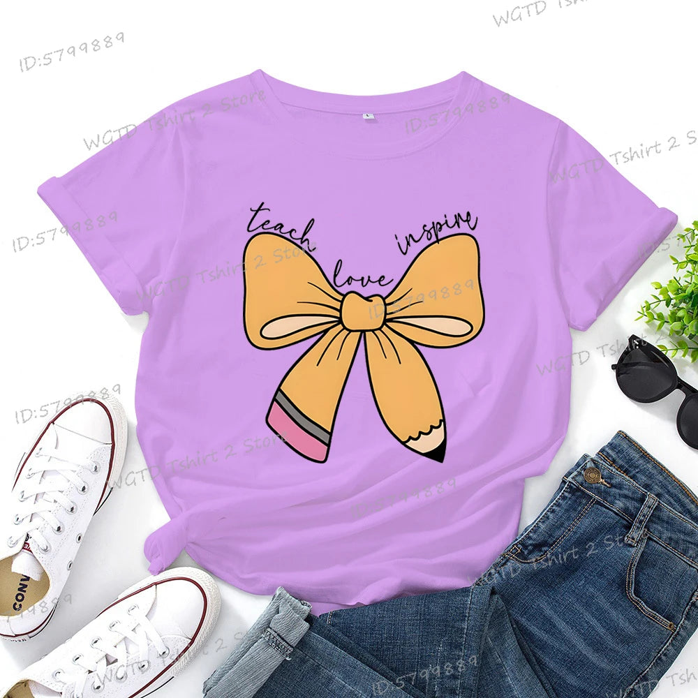 Women's Inspirational Teacher Graphic T Shirt Pencil Bow Design Short Sleeve Tee Gifts for Teacher's Day Crew Neck Classic Tops