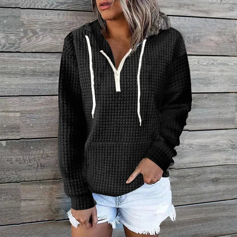 Plus size women's clothing hoodies casual home wear women's zipper hooded pockets solid color waffle grid long sleeved hoodies