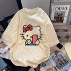 Plus Size Cute Hellokitty Design Printed T-shirts Summer Fashion High Quality Short Sleeved Casual Sports Loose Pullover Tops