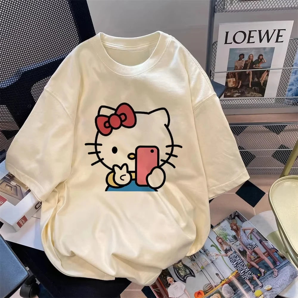 Plus Size Cute Hellokitty Design Printed T-shirts Summer Fashion High Quality Short Sleeved Casual Sports Loose Pullover Tops