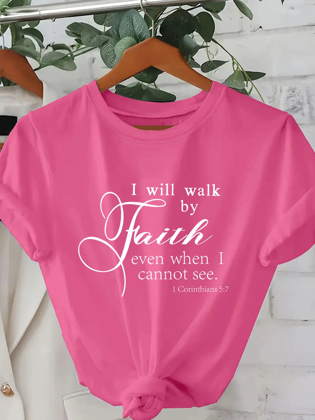 Walk By Faith Women's Tee - Bible Verse Graphic Pink Casual Top