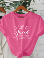 Walk By Faith Women's Tee - Bible Verse Graphic Pink Casual Top