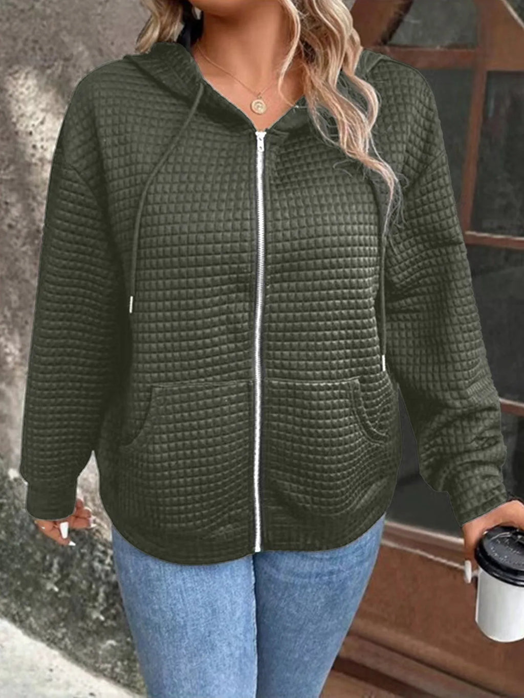 Plus size European and American cross-border autumn new casual solid color pocket zipper hooded jacket