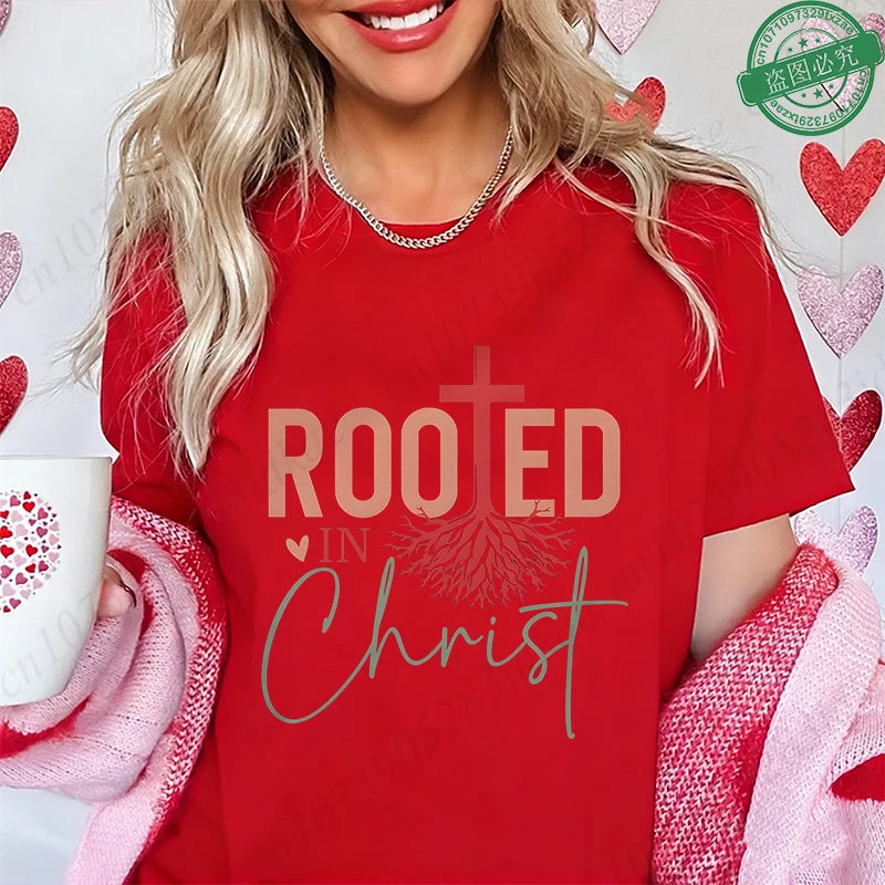 Rooted in Christ T-Shirt Women Vintage Tree Faith Root Graphic Tops Casual Christian Religious Short Sleeve Tee Female Clothing