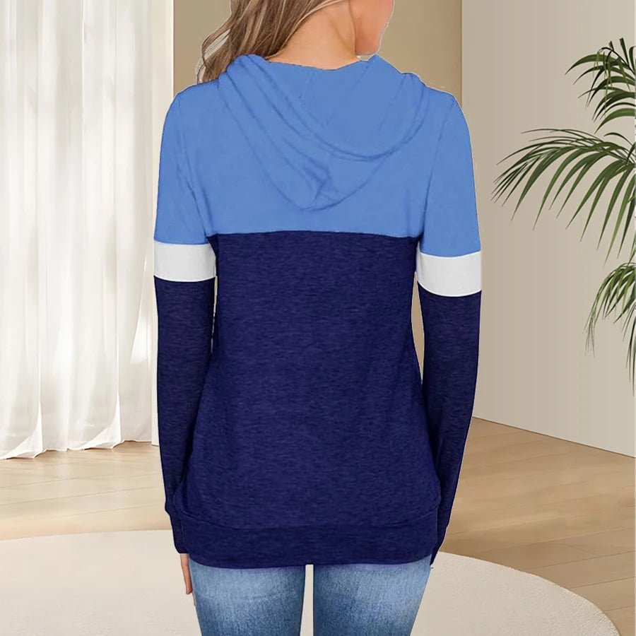 1pc Women'S Plus Size Color Block Hoodie, 95% Polyester 5% Spandex, Geometric Pattern, Slight Stretch, Knit Fabric, Hooded Pullo