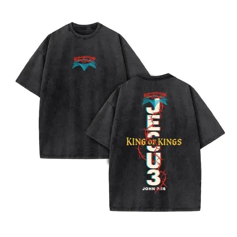 Summer top Men's T-shirt Christian Jesus design new wash short sleeve street print vintage T-shirt oversized for men and women