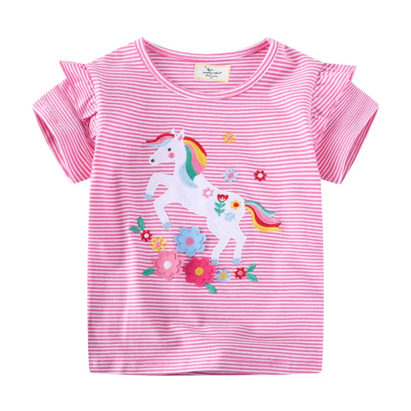 Jumping Meters 2-7T Striped Unicorn Cotton Girls T Shirts Summer Children's Clothes Short Sleeve Kids Tees Tops Baby Costume