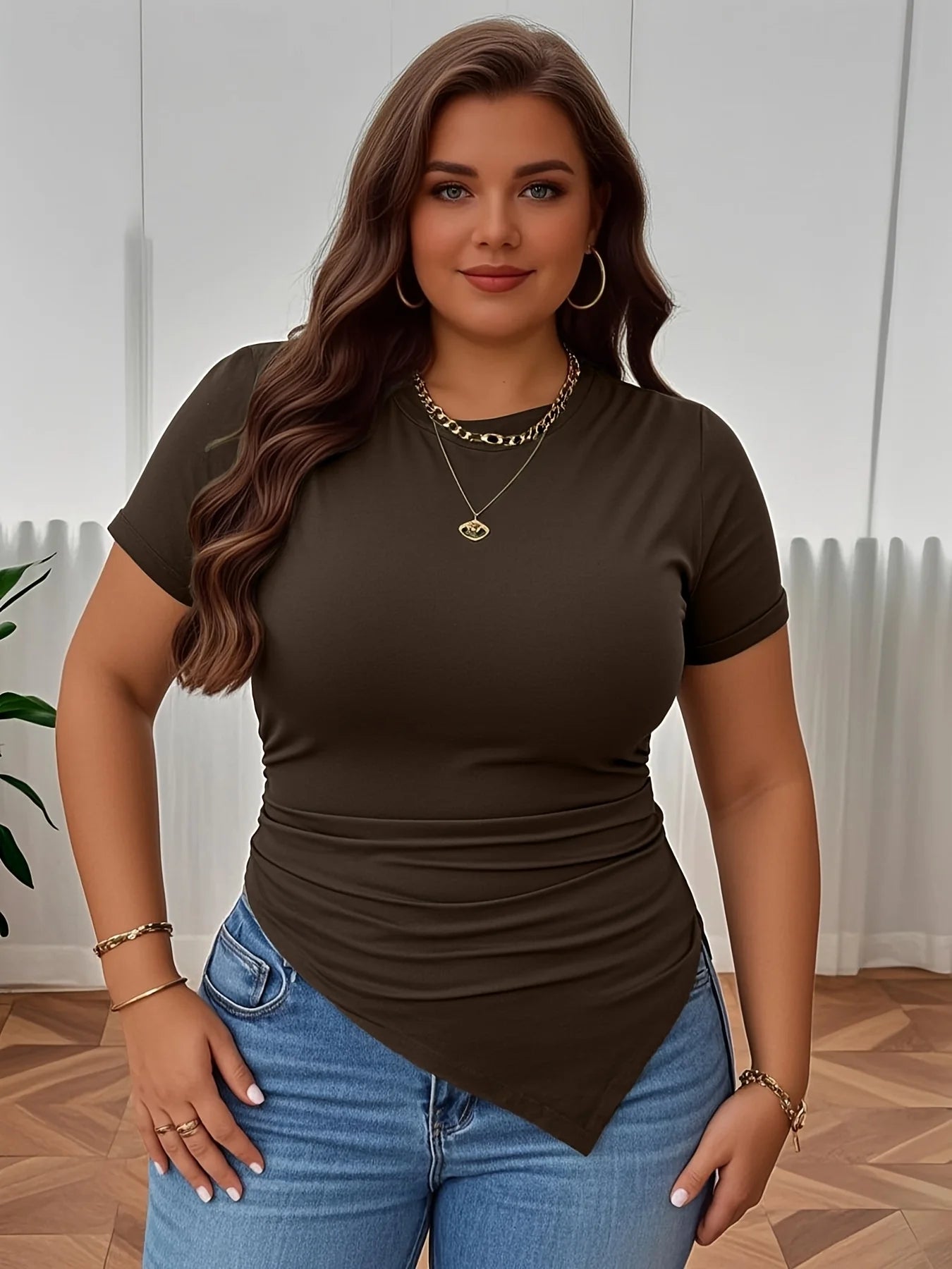 Plus Size New Women's Clothing Ins Minimalist Style Round Neck T-shirt Slim Fit Temperament Solid Color Top Blouses Woman