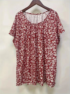 Plus Size Floral print pleated t-shirt, casual short-sleeved T-shirt spring and summer