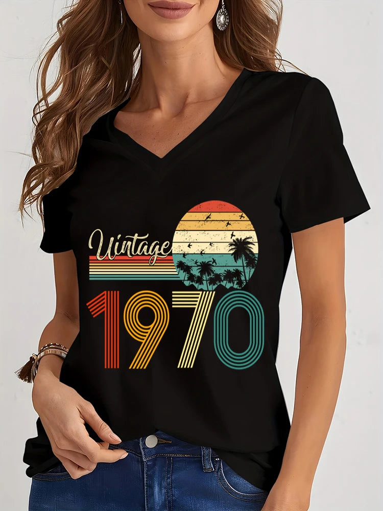Women’s Tshirts 1975 Graphic Vintage 1970 To 1979 Casual V-neck Harajuku Fashion V-neck Summer Aesthetic Retro Shirts Female