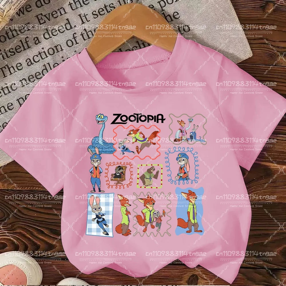 2026 Summer Children Girl Boy Cotton Clothes  Zootopia Cartoon Prints T-shirts Fashion Kid Baby Short Sleeve Crew Neck Top