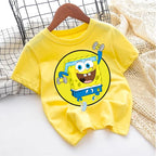Cute SpongeBobs T-shirt Kids Anime Round Role Boys Girl Toddler Cotton Streetwear Tees Casual Short Sleeve Childern Clothes Tops
